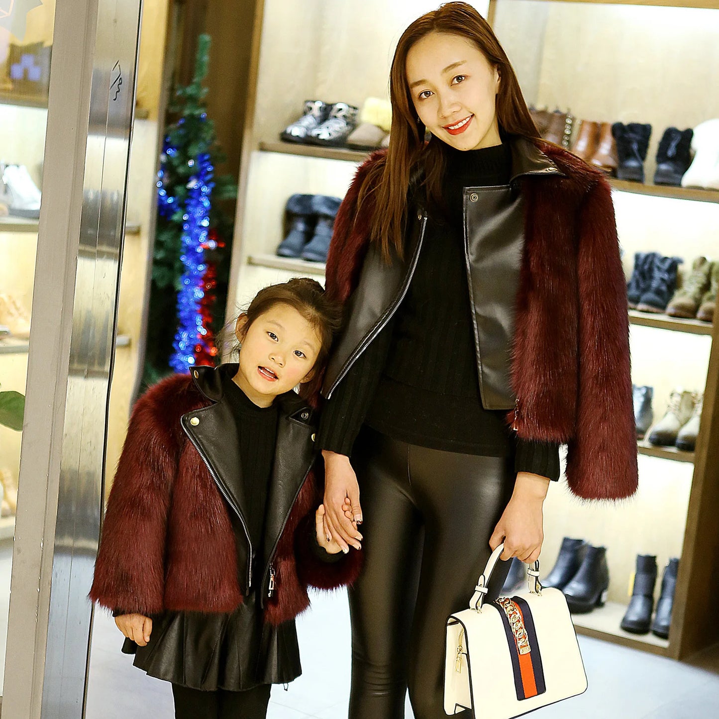 Faux Fox Fur Children Leather Coat