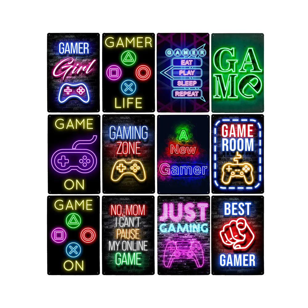 Video Game Metal Plates Modern Play Neon Signs Decor 20x30cm