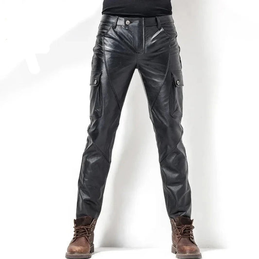 Full Length Trousers Slim Pockets Genuine Leather Windproof