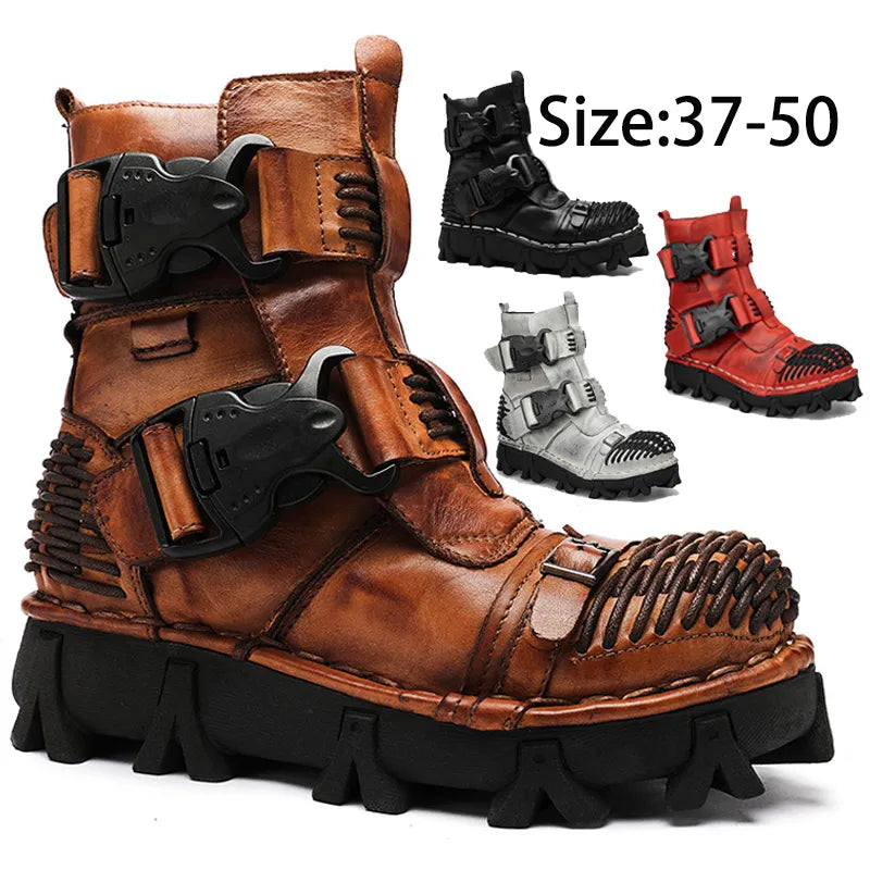 Men's Genuine Leather Motorcycle Boots Skull