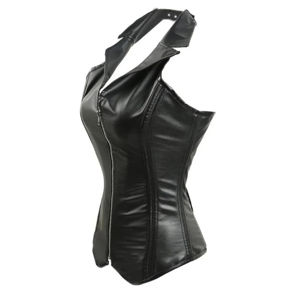 Faux Leather Corset Vest Zipper Spiral Steel