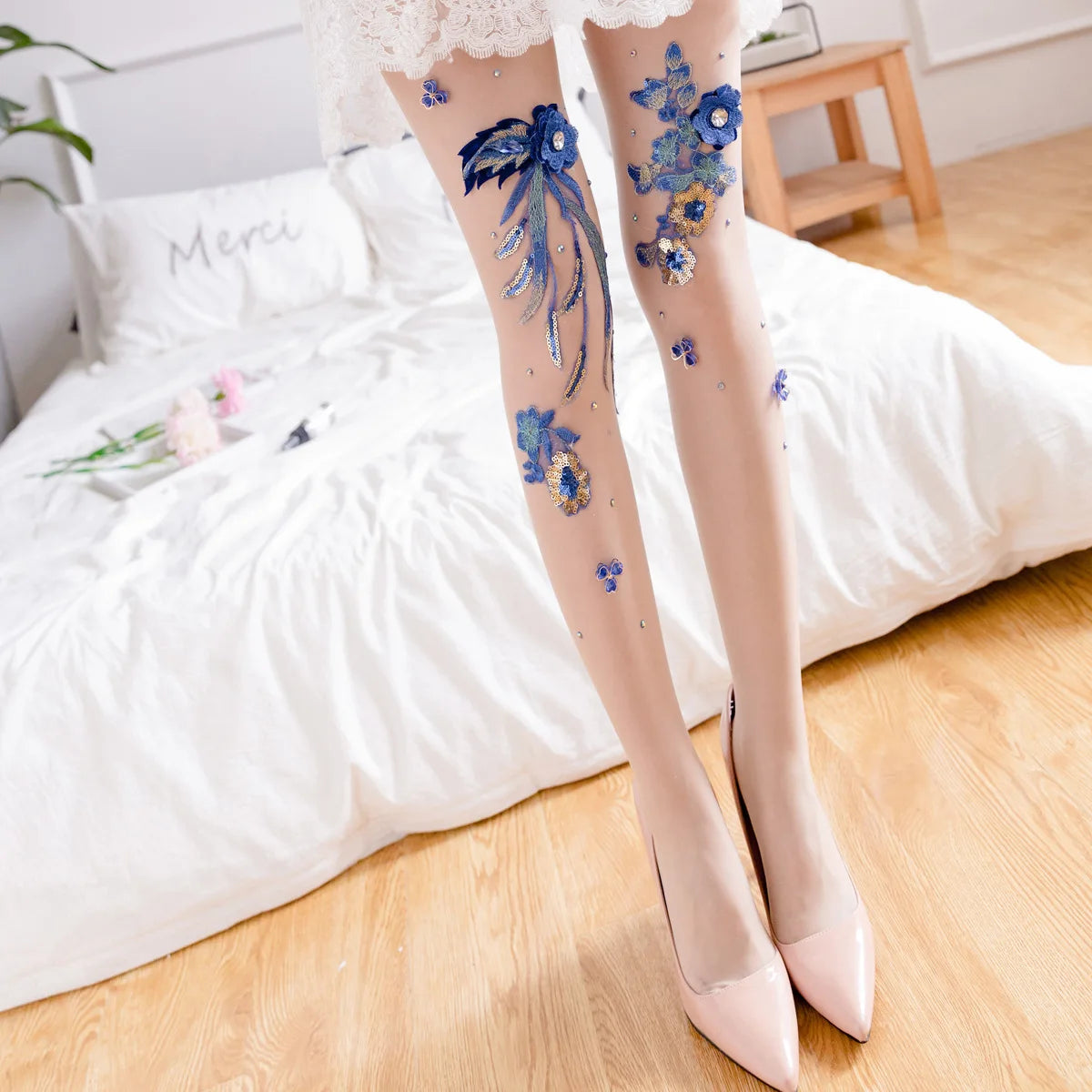 Silk Floral-Embroidered Party Against Opaque Tights