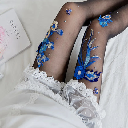 Silk Floral-Embroidered Party Against Opaque Tights