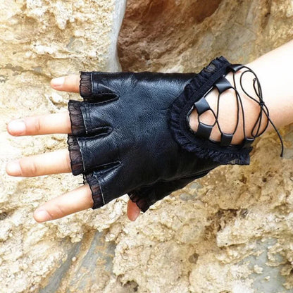 Lace Genuine Leather Fingerless Gloves Ladies