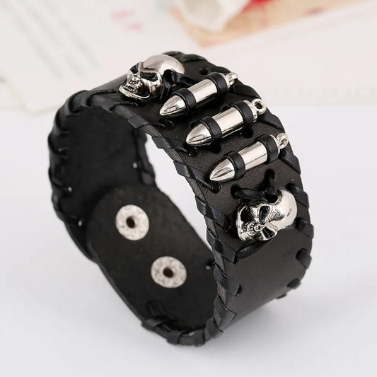 Head Bullets Wide Leather Bracelet