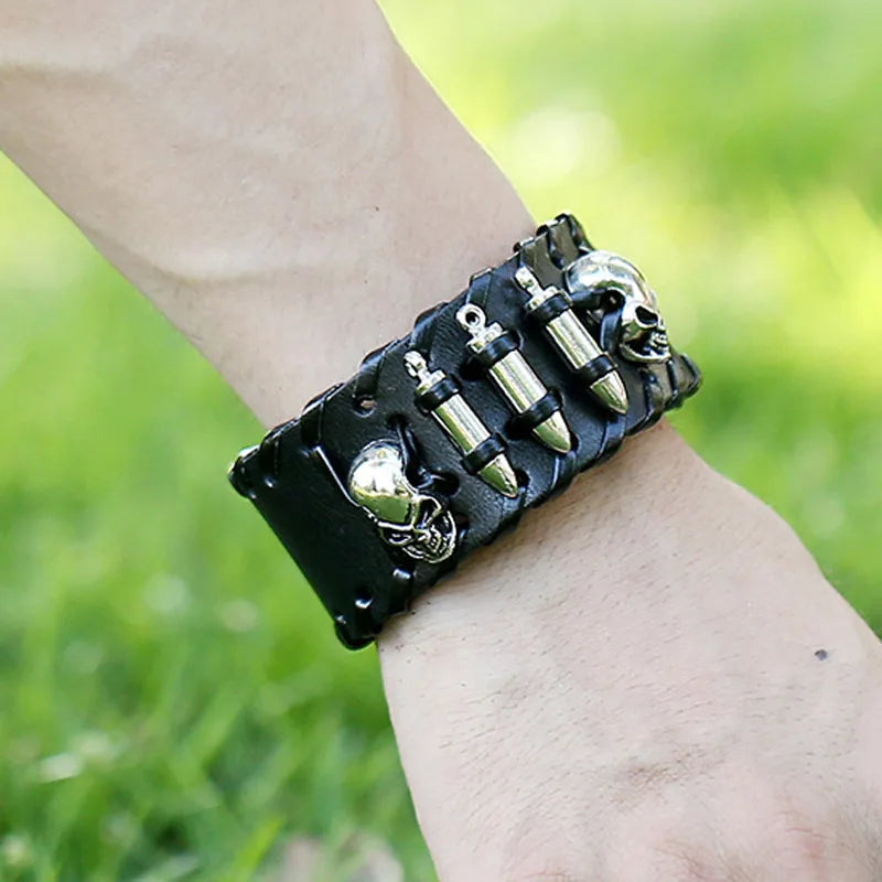 Head Bullets Wide Leather Bracelet