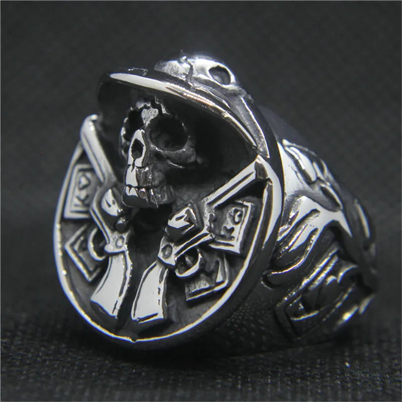 Skull Pirate Ring 316L Stainless Steel Jewerly Poker Card Double Guns Man Huge Ring