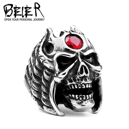 Stainless Steel Winged Skull With Red Stone