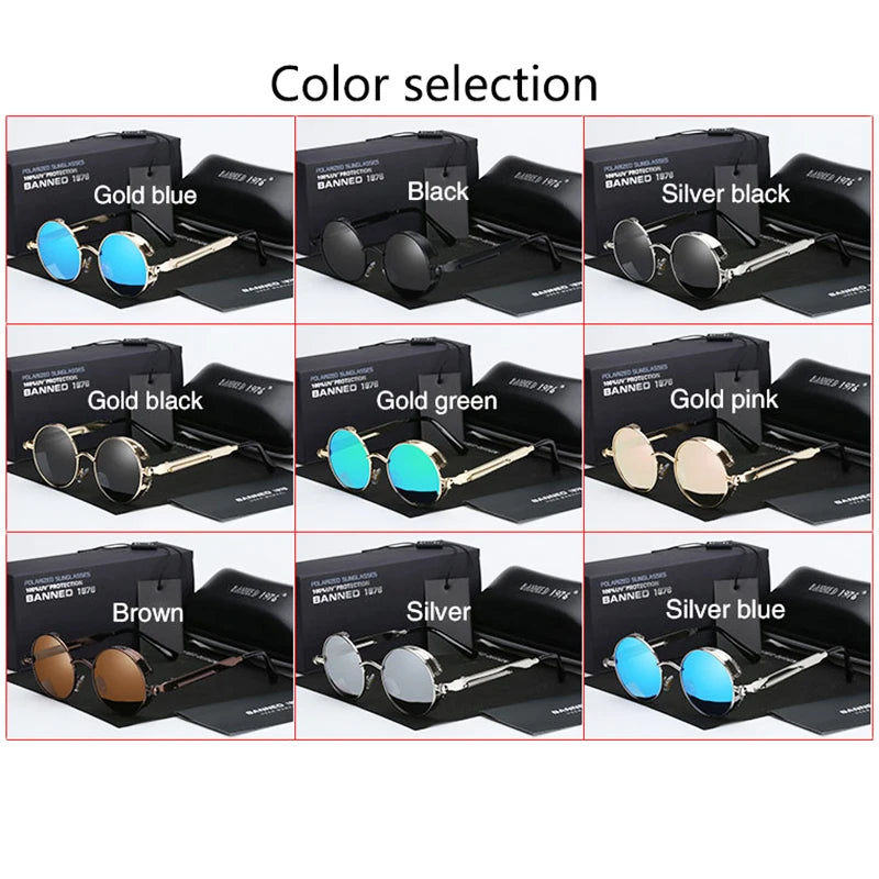 Retro Round Metal HD Polarized Punk Sunglasses