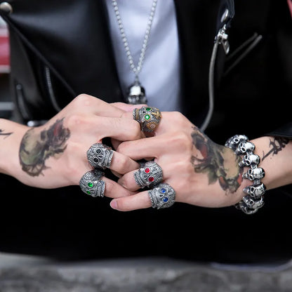 Stainless Steel gem ring Cross skull biker men