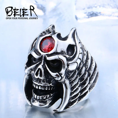 Stainless Steel Winged Skull With Red Stone