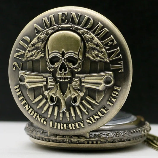 New 2ND AMENDMENT Bronze Skull Pendant Pocket Watch Men Watches with Necklace Chain Men Gift masculino relogio hombre Saati