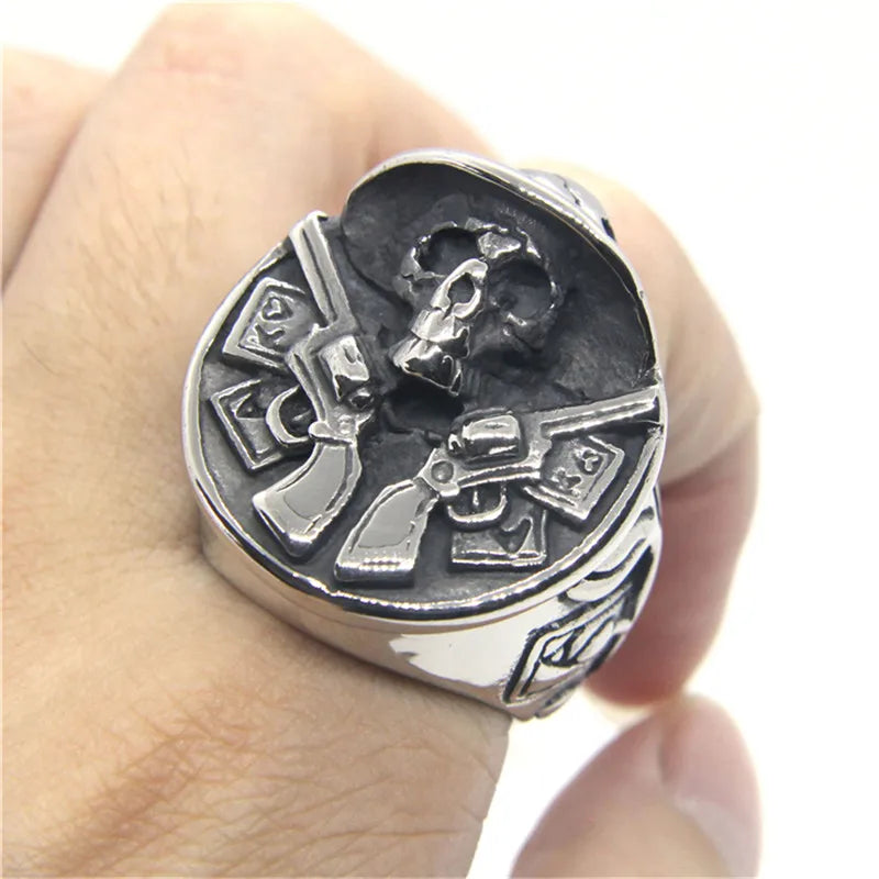 Skull Pirate Ring 316L Stainless Steel Jewerly Poker Card Double Guns Man Huge Ring