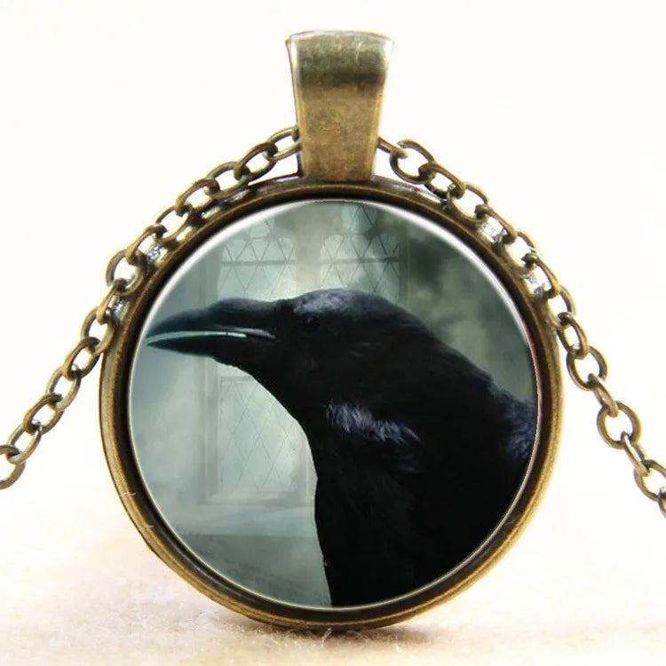 Raven Photo Glass Dome Art Pendant Crow Bird Necklace