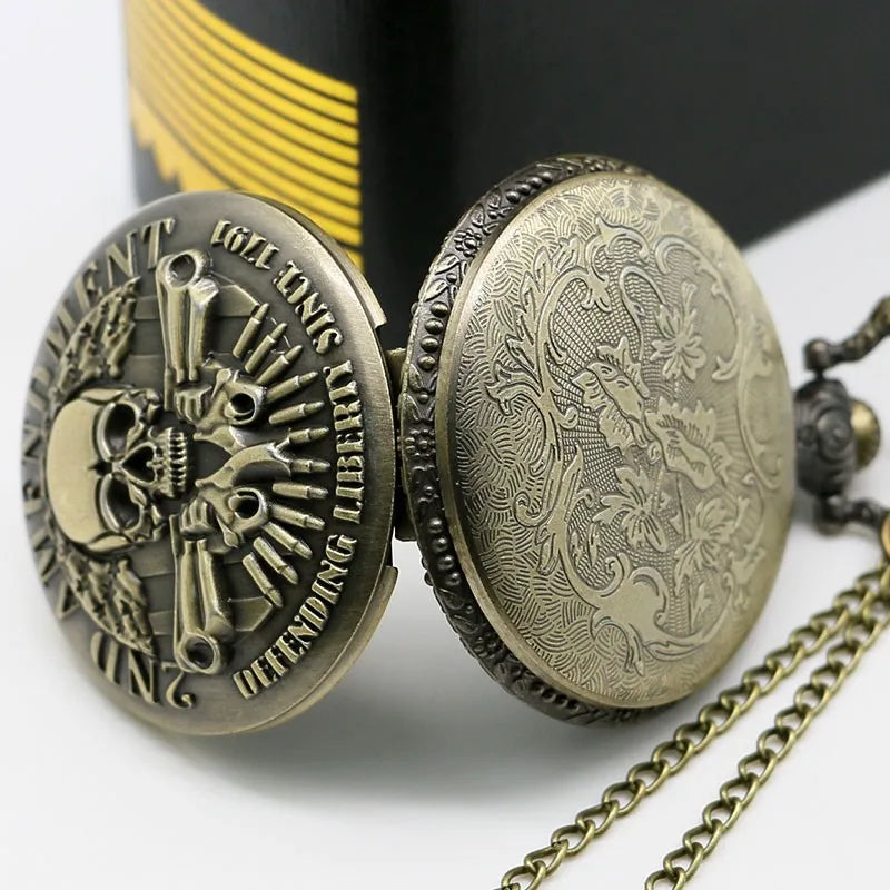 New 2ND AMENDMENT Bronze Skull Pendant Pocket Watch Men Watches with Necklace Chain Men Gift masculino relogio hombre Saati