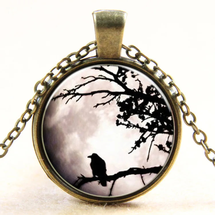 Raven Photo Glass Dome Art Pendant Crow Bird Necklace