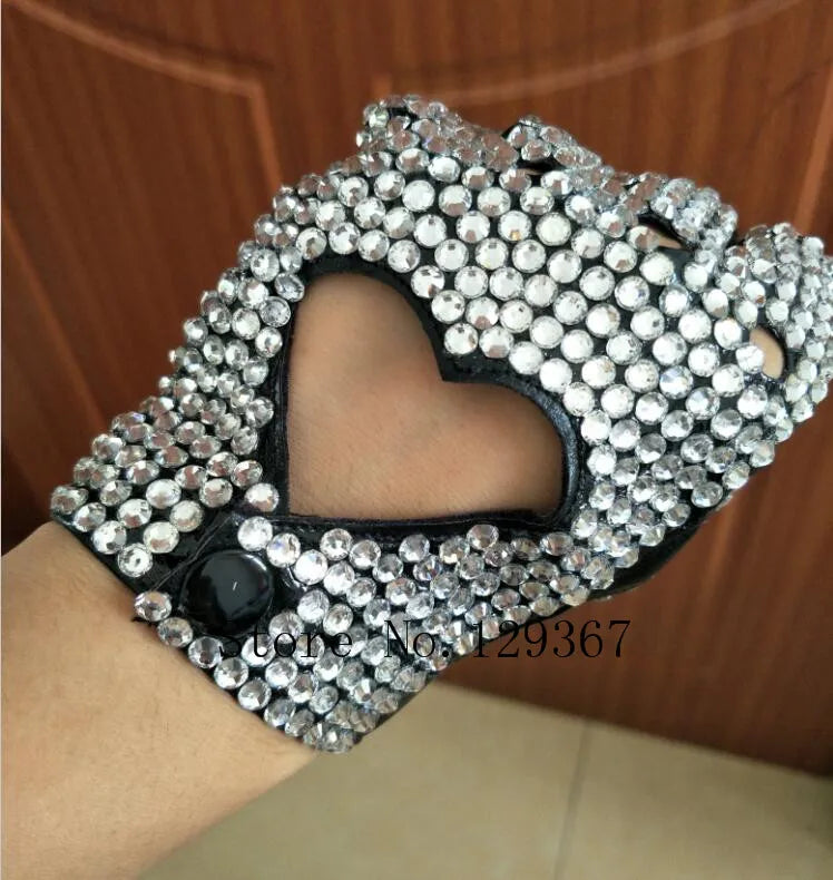 leather fingerless heart cut out rhinestone gloves