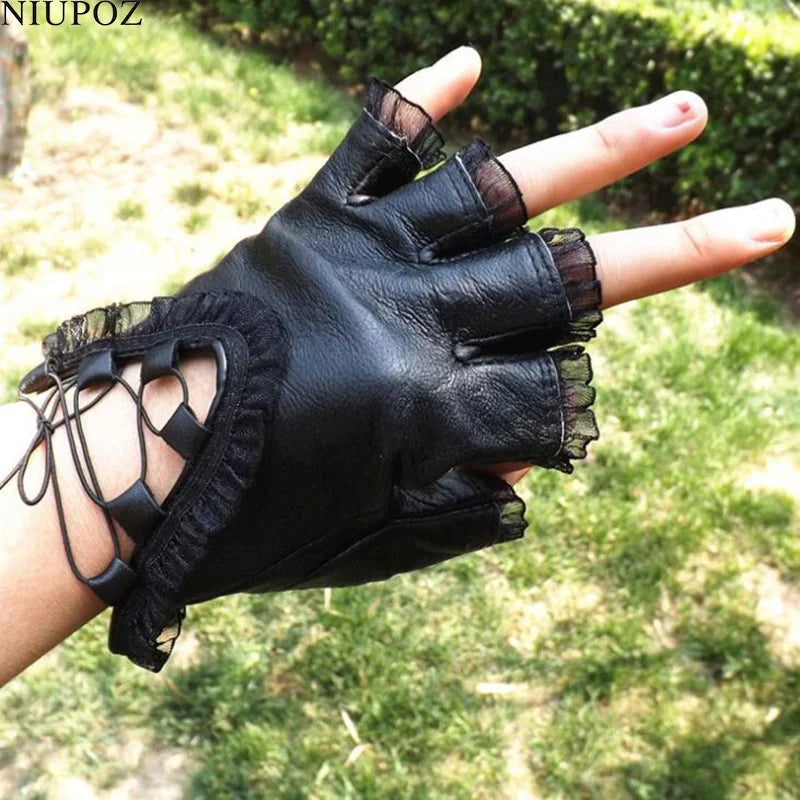 Lace Genuine Leather Fingerless Gloves Ladies