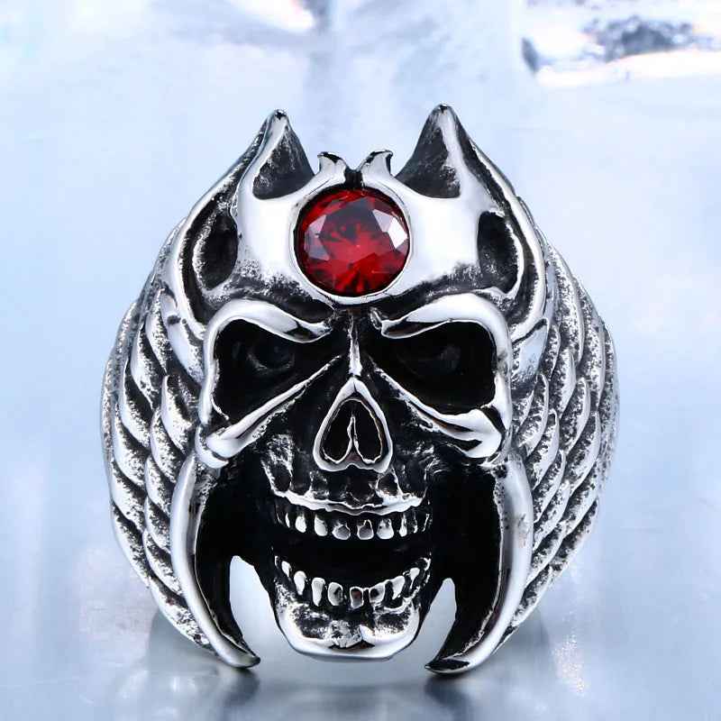 Stainless Steel Winged Skull With Red Stone