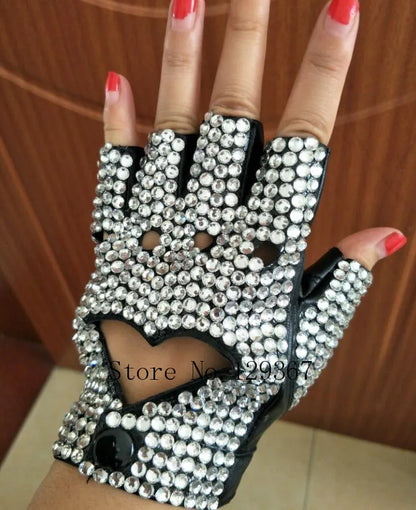 leather fingerless heart cut out rhinestone gloves