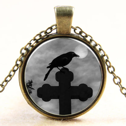 Raven Photo Glass Dome Art Pendant Crow Bird Necklace