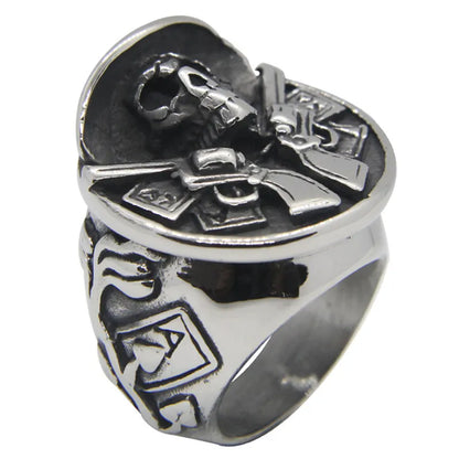 Skull Pirate Ring 316L Stainless Steel Jewerly Poker Card Double Guns Man Huge Ring