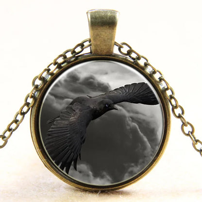 Raven Photo Glass Dome Art Pendant Crow Bird Necklace