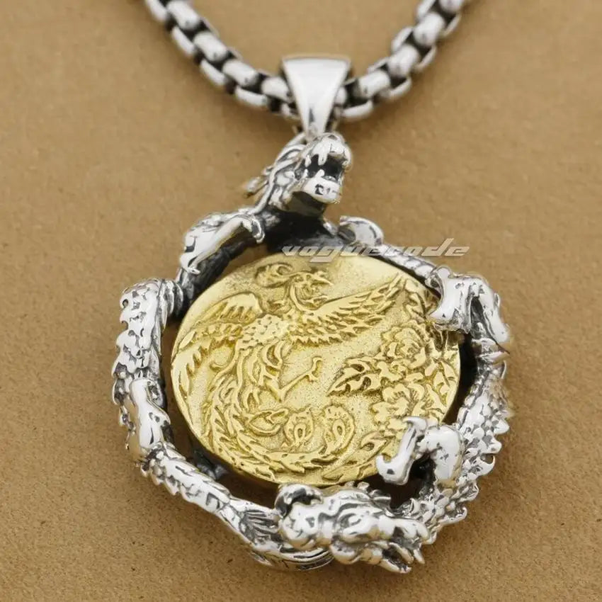 LINSION 925 Sterling Silver Dragon & Brass