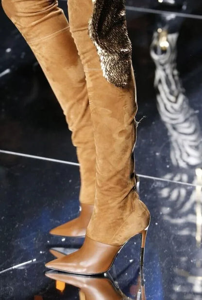Smooth Leather Patchwork High Heel Boots