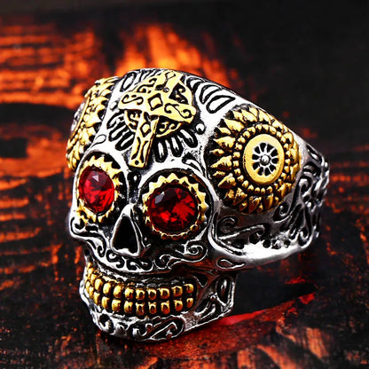 Stainless Steel gem ring Cross skull biker men