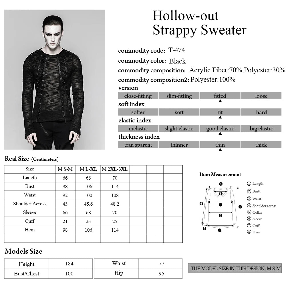 Strappy Gothic Punk Men's Sweater Top T474