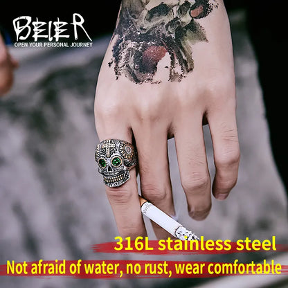 Stainless Steel gem ring Cross skull biker men