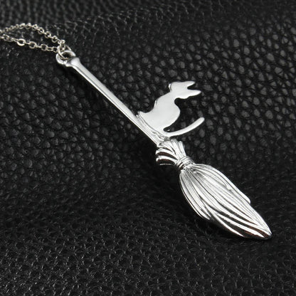Punk Magic Broom With Cat Pendant Necklace