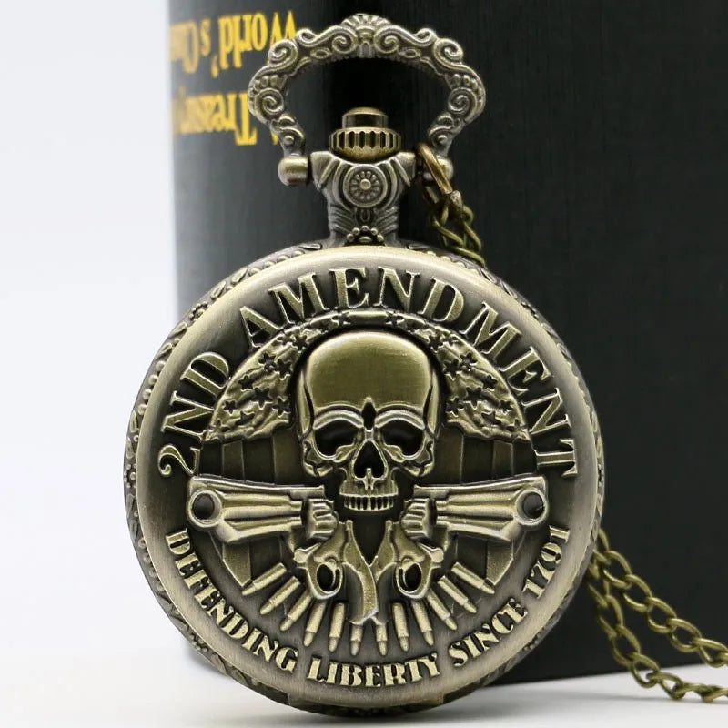 New 2ND AMENDMENT Bronze Skull Pendant Pocket Watch Men Watches with Necklace Chain Men Gift masculino relogio hombre Saati