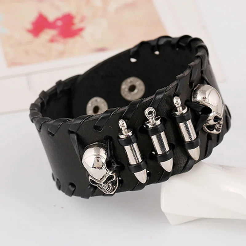 Head Bullets Wide Leather Bracelet