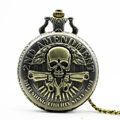 New 2ND AMENDMENT Bronze Skull Pendant Pocket Watch Men Watches with Necklace Chain Men Gift masculino relogio hombre Saati