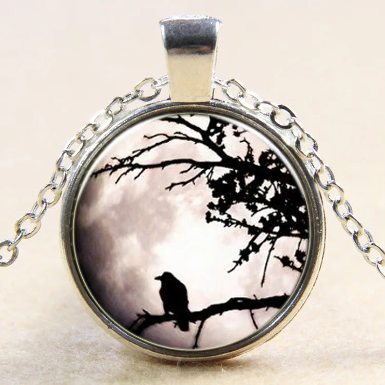 Raven Photo Glass Dome Art Pendant Crow Bird Necklace