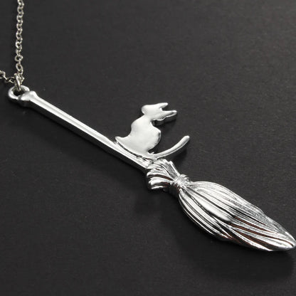 Punk Magic Broom With Cat Pendant Necklace