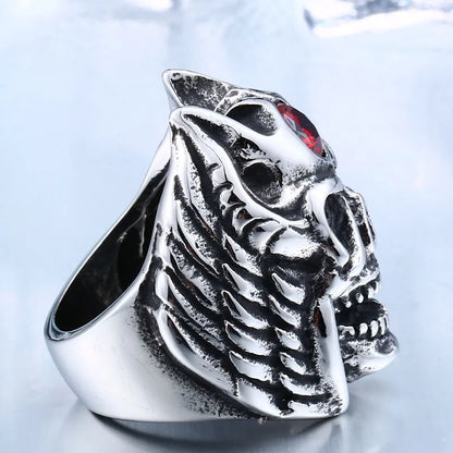 Stainless Steel Winged Skull With Red Stone