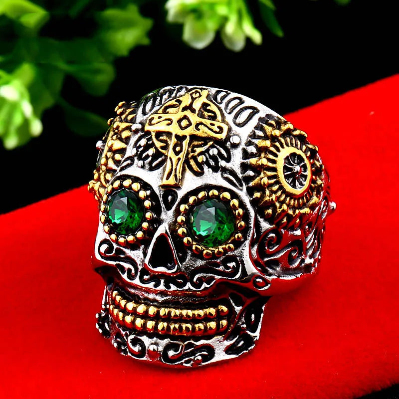 Stainless Steel gem ring Cross skull biker men