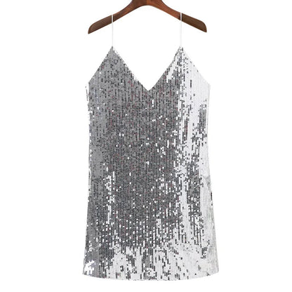 Deep V Neck Silver Sequined Backless Sexy Dress