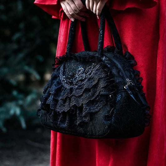 Vintage Royal Gothic Trend Lolita Black Lace Rose Handbag