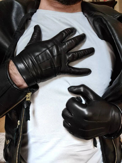 Man Fashion Whole Piece Of Real Leather Gloves In Black