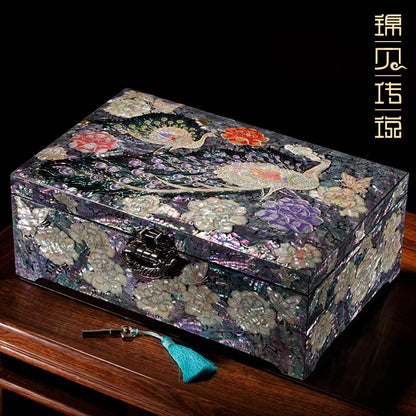 Mother-of-pearllacquer Lockable Jewelry Box Solid Wood Chinese Style Retro Featured Wedding Gift Storage Makeup Organizer