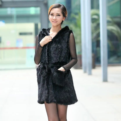 New Genuine knitted mink fur vest hooded