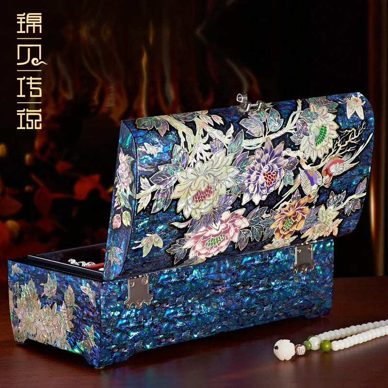 Mother-of-pearllacquer Lockable Jewelry Box Solid Wood Chinese Style Retro Featured Wedding Gift Storage Makeup Organizer