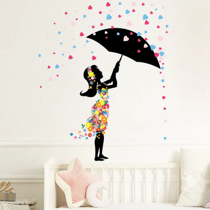 Umbrella Flowers Girl Wall Stickers For Kids Girls Room