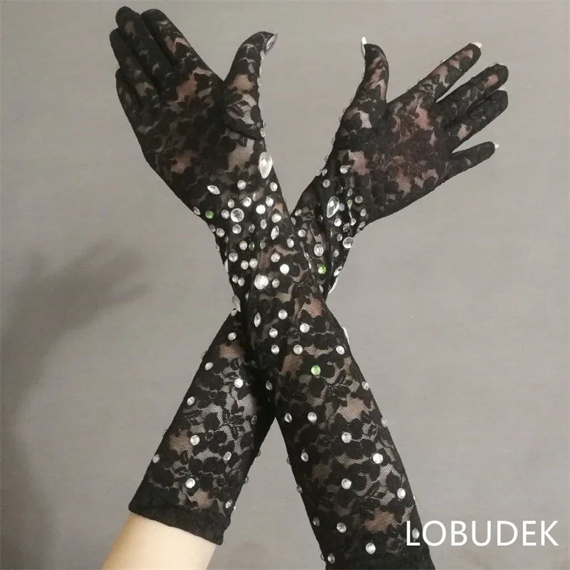 Mesh Black Gloves Lace Crystals Stones