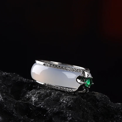 Silver Natural  White Jade Band Ring Classic