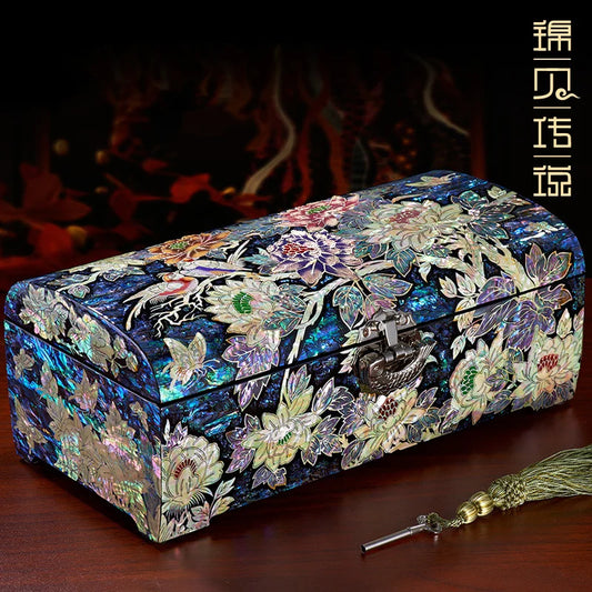 Mother-of-pearllacquer Lockable Jewelry Box Solid Wood Chinese Style Retro Featured Wedding Gift Storage Makeup Organizer